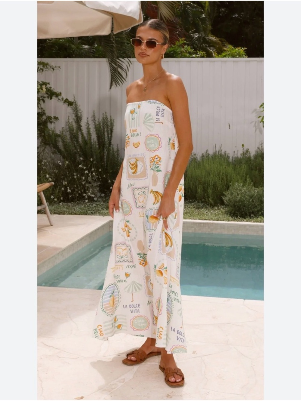 Strapless White Patterned Maxi Dress